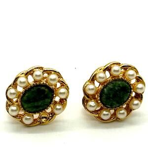 Vintage 1950's Marvella Faux Pearl‎ Faux Jade Earrings